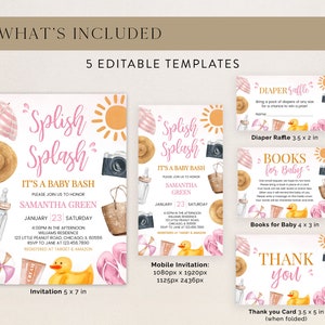 Editable Splish Splash Baby Bash Girl Baby Shower Invitation Bundle ...