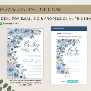 May include: A blue and white baby shower invitation with floral designs and the text "Baby in Bloom". The invitation includes the name "Samantha Green" and details for the shower.