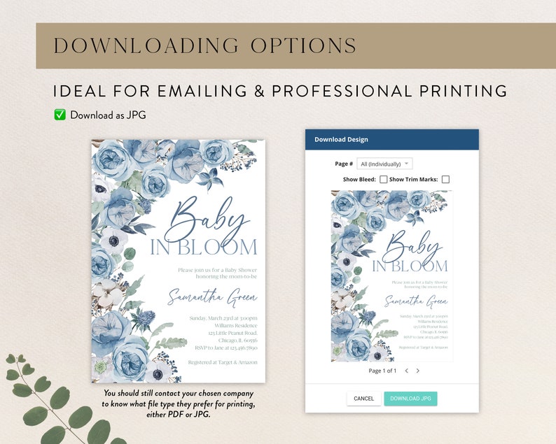 May include: A blue and white baby shower invitation with floral designs and the text "Baby in Bloom". The invitation includes the name "Samantha Green" and details for the shower.