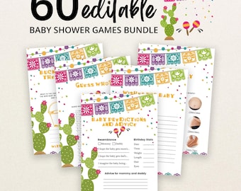 May include: A bundle of 60 editable baby shower game cards featuring colorful papel picado banners, green cacti, and maracas. The cards include titles like Baby Predictions and Advice, Guess Who, and Bucket List, with blank lines for writing responses and small circular photos of baby bumps.
