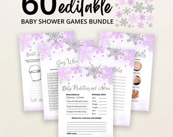 May include: A bundle of 60 editable baby shower game cards featuring a light purple and silver snowflake theme. The cards include titles such as Guess Who, Baby Predictions and Advice, and Bucket List, with printed lines for writing responses.