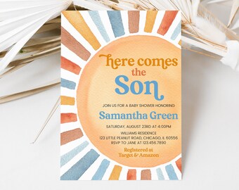 Faire-part de baby shower modifiable soleil, invitation de shower de bébé voici le fils, douche de garçon Sonshine, douche de soleil Boho, BBS738