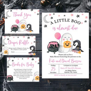 Editable Pink A Little Boo Baby Shower Invitation Bundle, Girl Halloween Baby Shower Invite, Ghost Halloween Baby Shower Invite, BBS338