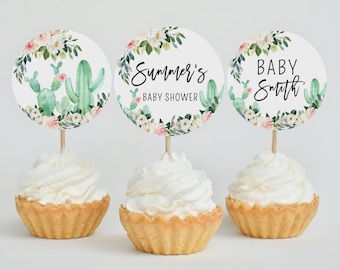 Editable Taco Bout a Baby Baby Shower Cupcake Topper, Floral Cactus Baby Shower Cake Topper, Boho Floral Succulent Baby Shower Decor, BBS204