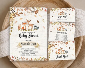 May include: A baby shower invitation set featuring a watercolour illustration of an owl, fox, deer, and raccoon on a white wood grain background. The text includes event details for Samantha Green, a nappy raffle card, a book request, and a thank you card.
