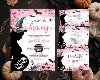 Editable Pink A Baby is Brewing Halloween Baby Shower Invitation Bundle, Skeleton Baby Shower Invite, Girl Halloween Witch Shower, BBS810