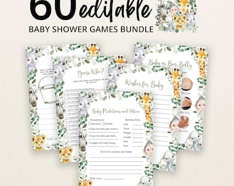 May include: A bundle of 60 editable baby shower game cards featuring watercolour illustrations of baby animals like giraffes, lions, and elephants surrounded by green eucalyptus leaves. The cards include titles such as Baby Predictions and Advice.