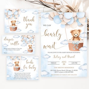 Pacchetto modificabile di invito per baby shower con palloncino con orsetto blu, Possiamo aspettare con pazienza Invito per baby shower, mongolfiera con orso per baby shower, BBS746