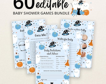 Bewerkbare blauwe A Little Boo babyshower spelbundel, Halloween babyshower spelpakket voor jongens, spook Halloween babyshower spellen, BBS494