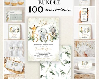 Editable Oh Boy Safari Animals Baby Shower Bundle, Safari Jungle Baby Shower Invitation Pack, Greenery Wild One Shower Game Package, BBS825