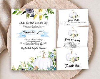 May include: A baby shower invitation set featuring watercolor white pumpkins, blue and cream flowers, and green foliage. The invitation text reads A little pumpkin is on the way, Samantha Green, and event details. Includes diaper raffle, books for baby, and thank you cards.