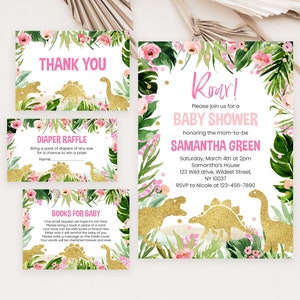 Editable Girl Dinosaur Baby Shower Invitation Bundle, Pink Gold Dinosaur Baby Shower Invite, Girl Floral Dinosaur Baby Shower Invite, BBS292