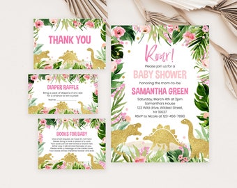 Editable Girl Dinosaur Baby Shower Invitation Bundle, Pink Gold Dinosaur Baby Shower Invite, Girl Floral Dinosaur Baby Shower Invite, BBS292