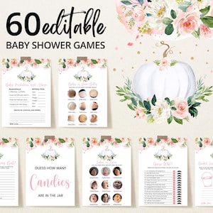Editable Girl Pumpkin Baby Shower Game Bundle, White Pumpkin Baby Shower Game Pack, Pink Gold Floral Pumpkin,Fall Baby Shower Games, BBS164