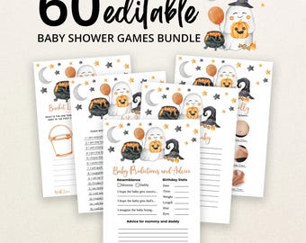 May include: A bundle of 60 editable baby shower game cards featuring a Halloween theme with a ghost, a pumpkin, a black cauldron, a witch hat, stars, and a crescent moon. The cards include text for baby predictions, advice, and various games.