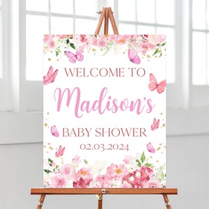 Bearbeitbares Rosa Blumen Schmetterlings-Babyparty-Willkommensschild, Baby-Schmetterling Blumen-Babypartyplakat, Rosa Schmetterlings-Duschedekor, BBS630