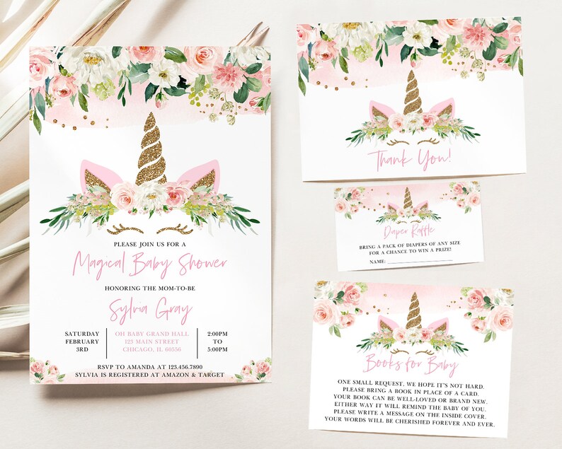 Editable Unicorn Baby Shower Invitation Bundle Floral Unicorn Etsy