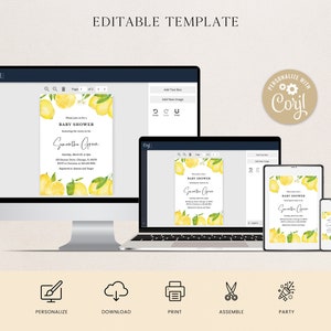 May include: A digital mockup of a baby shower invitation template, shown on a desktop computer, laptop, tablet, and smartphone. The invitation has a lemon and greenery design with the text "BABY SHOWER" and "Samantha Green."