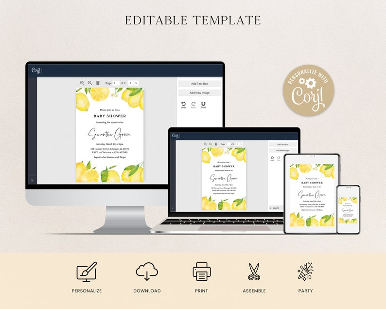 May include: A digital mockup of a baby shower invitation template, shown on a desktop computer, laptop, tablet, and smartphone. The invitation has a lemon and greenery design with the text "BABY SHOWER" and "Samantha Green."