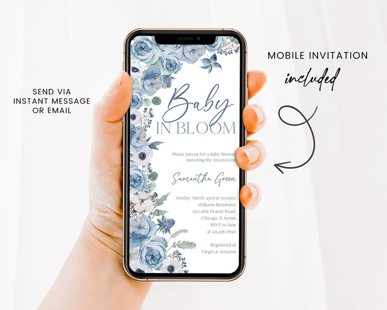 May include: A blue and white floral baby shower invitation with the text "Baby in Bloom" and a mobile invitation included. The invitation includes the date, time, location, and RSVP information. The invitation is also registered at Target and Amazon.