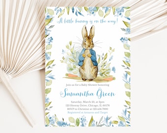 Editable Peter Rabbit Baby Shower Invitation, Blue Peter Rabbit Baby Shower Invite, Boy Peter Rabbit Baby Shower Invite, BBS298