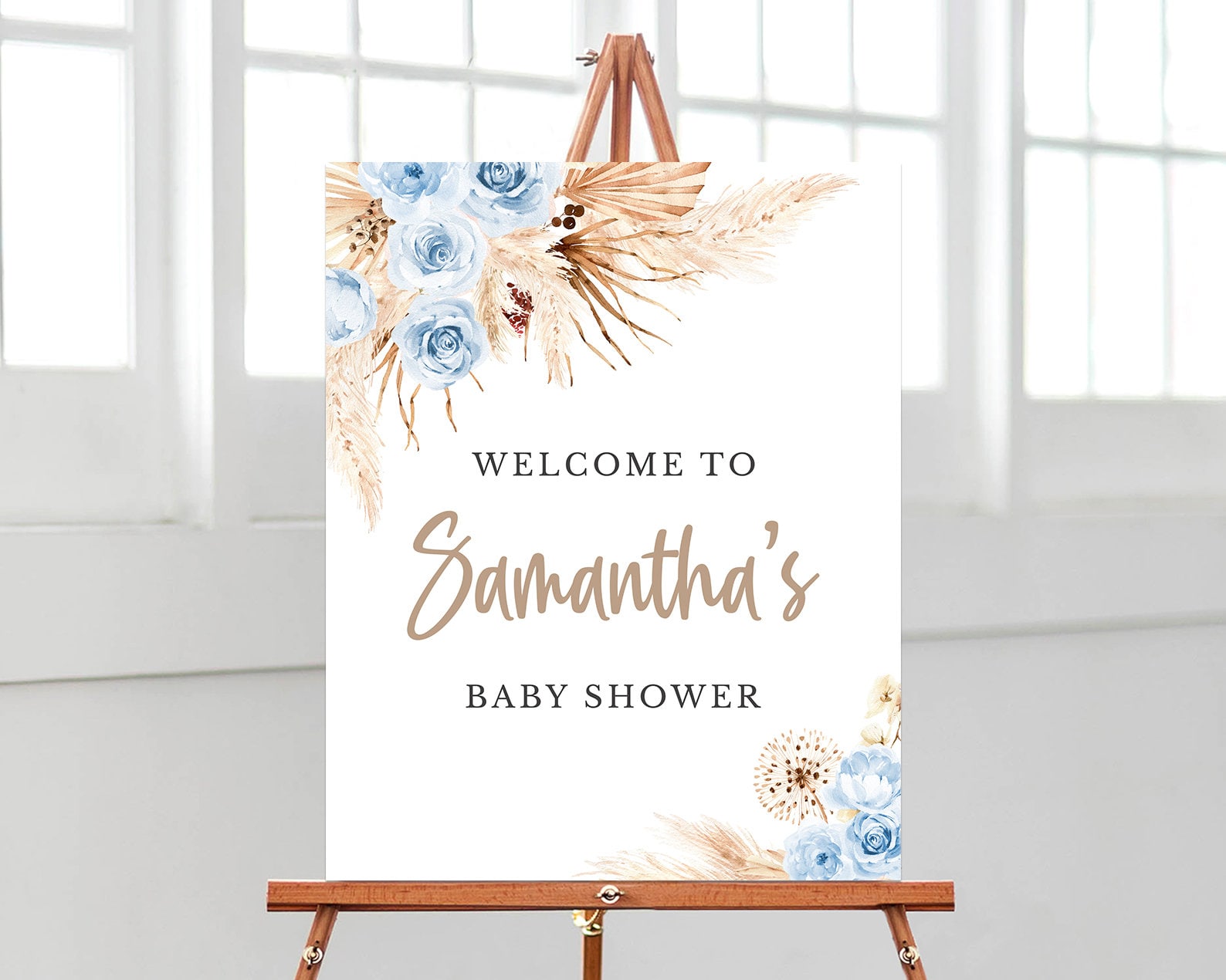 Editable Blue Pampas Grass Boho Baby Shower Welcome Sign, Boy Boho ...