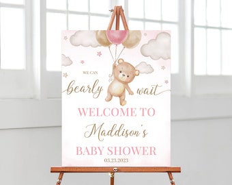 Editable Pink Bear Balloon Baby Shower Welcome Sign, We Can Bearly Wait Baby Shower Poster, Pink Boho Bear Girl Baby Shower Decor, BBS742