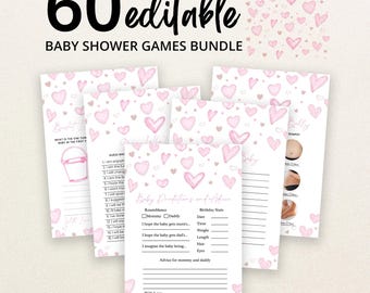 May include: A bundle of 60 editable baby shower game cards featuring a pink watercolor heart pattern. The cards include various activity titles, lines for writing, and small illustrations. The text reads 60 editable BABY SHOWER GAMES BUNDLE.