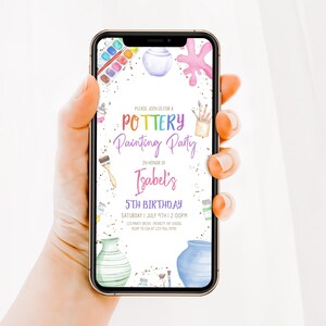 May include: A digital invitation for a pottery painting party in honor of Isabel's 5th birthday. The invitation features a colorful watercolor design with paintbrushes, paint pots, and a palette of paints.