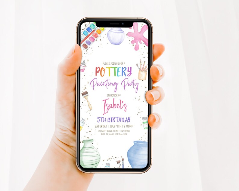 May include: A digital invitation for a pottery painting party in honor of Isabel's 5th birthday. The invitation features a colorful watercolor design with paintbrushes, paint pots, and a palette of paints.