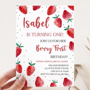 Editable Berry First Strawberry Birthday Invitation, Red Strawberry Birthday Invite, Berry Sweet Birthday Invitation Template, BRT084