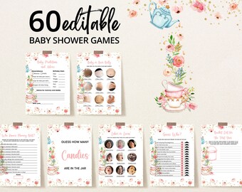 Editable Un bebé está preparando un paquete de juegos de ducha, paquete de juegos de baby shower de fiesta de té floral, juegos de baby shower de fiesta de té de jardín para niñas, BBS634