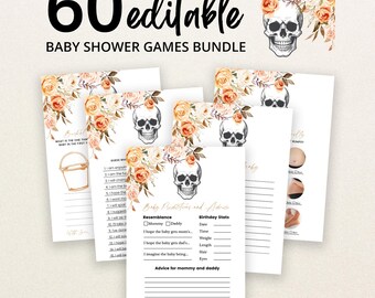 Editable Floral Skull Halloween Baby Shower Game Bundle, Gothic Halloween Baby Shower Game Pack, Skull Fall Flowers Shower Games, BBS911