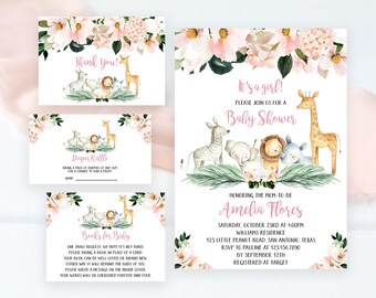 May include: A baby shower invitation set featuring watercolor illustrations of a zebra, elephant, lion, rhino, and giraffe surrounded by pink flowers. The text includes It's a girl, Baby Shower, Amelia Flores, and event details on a white background.