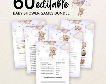 May include: A bundle of 60 editable baby shower game cards featuring a light purple background with illustrations of a teddy bear holding a bunch of beige and purple balloons, clouds, and stars. The text reads 60 editable baby shower games bundle.