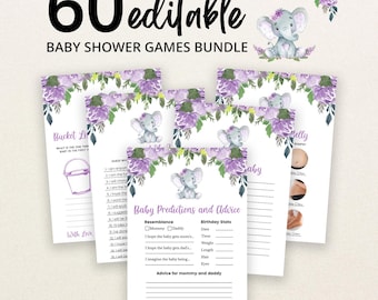 May include: A bundle of 60 editable baby shower game cards featuring watercolor illustrations of a gray elephant with purple flowers. The cards include text such as Baby Predictions and Advice, Bucket List, and Guess Who, with blank lines for writing.