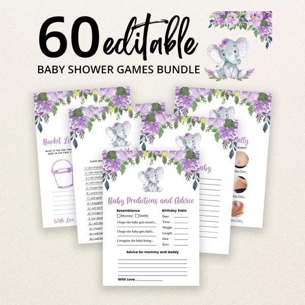 Może przedstawiać: Zestaw 60 edytowalnych kart do gier na baby shower z akwarelowymi ilustracjami szarego słonia i fioletowych kwiatów. Karty zawierają tekst, taki jak Baby Predictions and Advice, Bucket List i Guess Who, z pustymi liniami do wypełnienia.