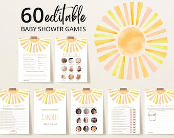 Editable Sunshine Baby Shower Game Bundle, A Little Ray of Sunshine Baby Shower Game Pack, Girl Sun Baby Shower, Boho Sunshine Shower,BBS397