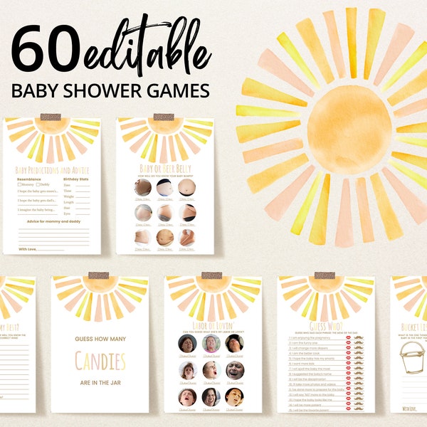 Editable Sunshine Baby Shower Game Bundle, A Little Ray of Sunshine Baby Shower Game Pack, Girl Sun Baby Shower, Boho Sunshine Shower,BBS397