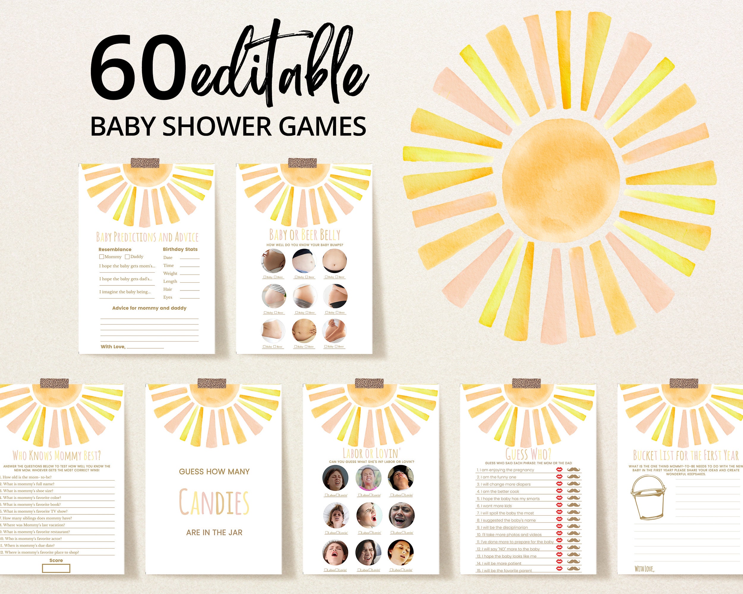 Editable Sunshine Baby Shower Game Bundle, A Little Ray of Sunshine Baby Shower Game Pack, Girl Sun Baby Shower, Boho Sunshine Shower,BBS397