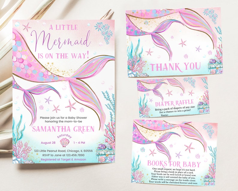 Editable Mermaid Baby Shower Invitation Bundle Under the Sea Baby Shower Invite Sprinkle Pink Purple Gold Mermaid Baby Shower