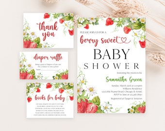 May include: A set of baby shower invitations and cards with a strawberry theme. The invitations read "berry sweet BABY SHOWER" and include details. Additional cards say "thank you", "diaper raffle", and "books for baby", all with strawberry and floral designs.