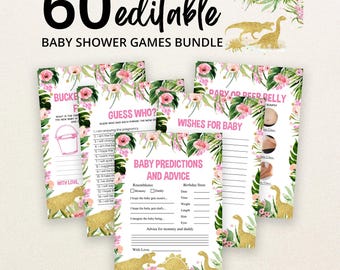 May include: A bundle of 60 editable baby shower game cards featuring pink floral and green tropical leaf borders with gold glitter dinosaur illustrations. The cards include titles like Baby Predictions and Advice, Guess Who, and Baby or Beer Belly.