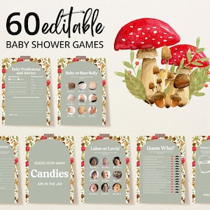 Editable Cottagecore Mushroom Baby Shower Game Bundle, Woodland Baby Shower Game Pack, Forest Mushroom Baby Shower Games, BBS851