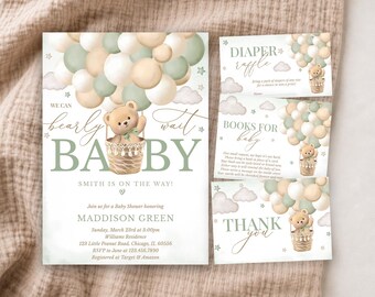 Puede incluir: Un set de invitaciones para baby shower con un osito de peluche en un globo aerostático, globos verde salvia y crema, nubes y estrellas. El texto dice We Can Bearly Wait Baby, Smith Is On The Way, Diaper Raffle, Books For Baby y Thank You.