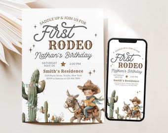 Bearbeitbare Saddle Up erste Rodeo Geburtstagseinladung, eine kleine Cowboy-Geburtstagseinladung, Wild West Geburtstag einladen, Cowboy Einladung,BRT275