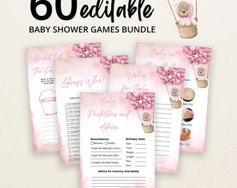 May include: A bundle of 60 editable baby shower game cards featuring pink watercolor accents and illustrations of a teddy bear in a hot air balloon. The cards include titles like Guess Who, Wishes for Baby, and Baby Predictions and Advice.