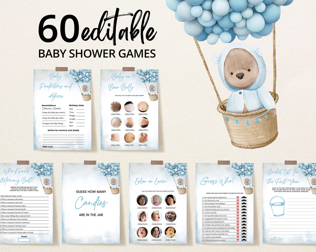 Editable Blue Bear Balloon Baby Shower Game Bundle Boy Boho picture