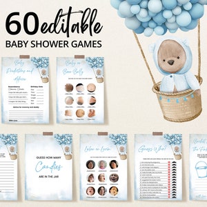 Editable Blue Bear Balloon Baby Shower Game Bundle, Boy Boho Bear ...