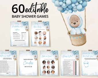 Editable Blue Bear Balloon Baby Shower Game Bundle Boy Boho Bear  